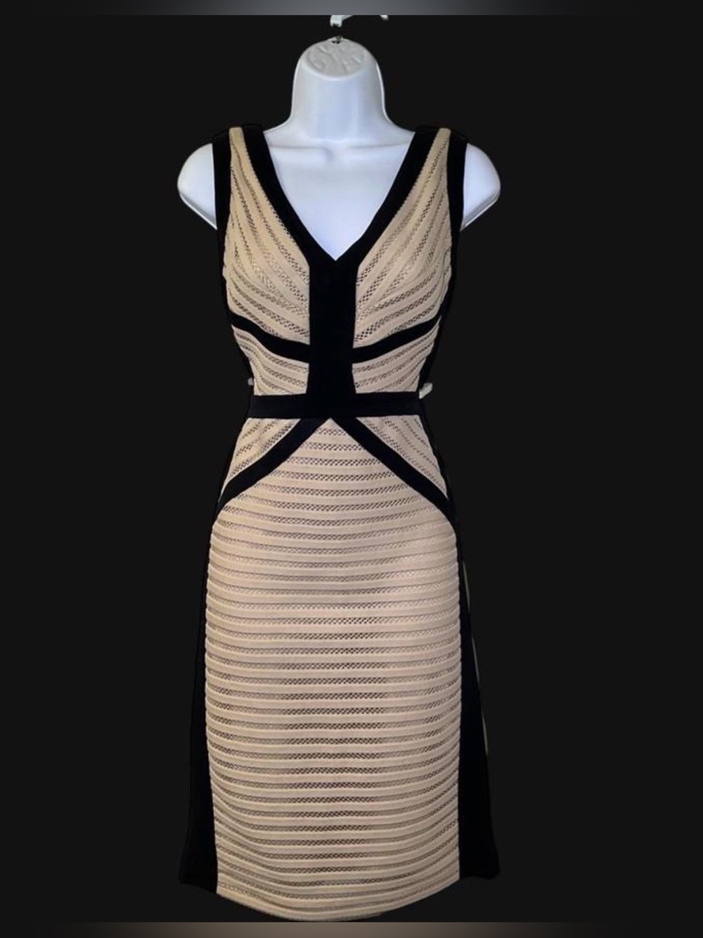 Jax Tan and Black V-Neck Midi Bodycon Dress